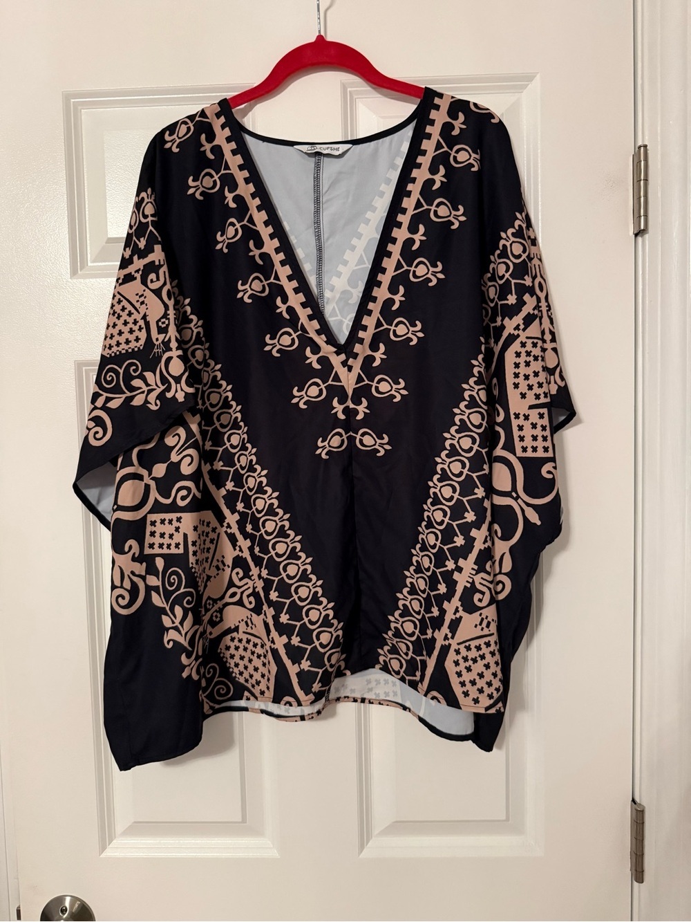 Cupshe | Black and Tan Printed Kimono Blouse Top | Size XL